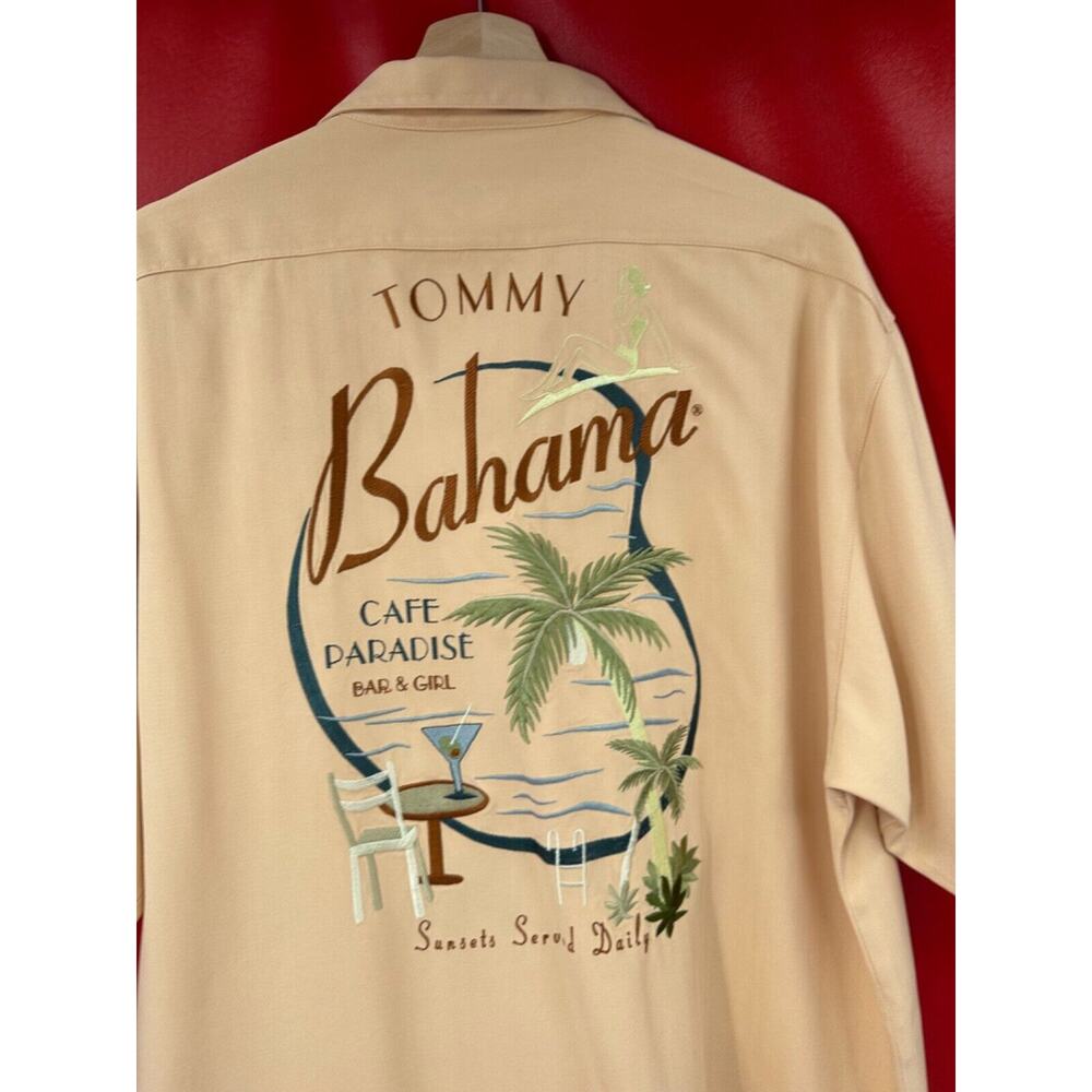 Tommy Bahama Embroidered Cafe Paradise Bar And Girl Silk Shirt Dry Cleaned MED